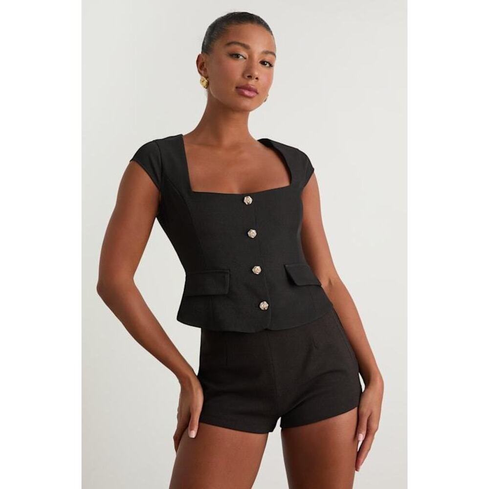 Lulus Azora Black Button-front Cap Sleeve Top - Size M